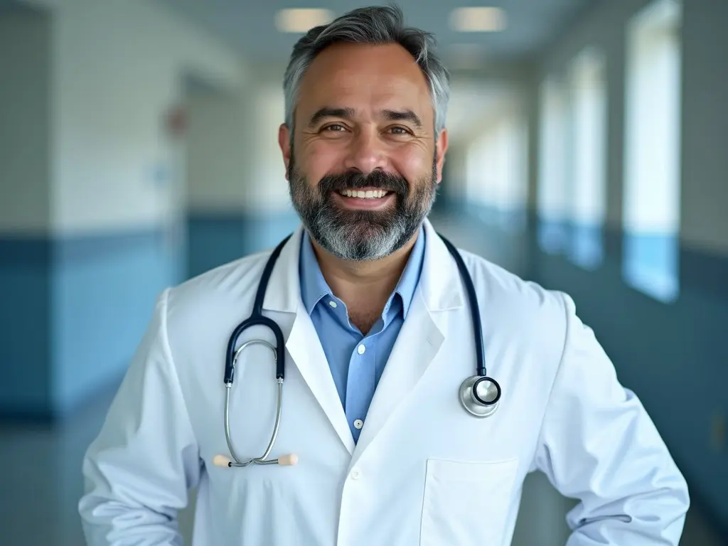 A man is wearing a white medical coat, representing a doctor. He has a stethoscope hanging around his neck, signifying his role in healthcare. The background features a blurred hospital corridor, enhancing the medical theme. The focus is on the doctor's attire, showcasing the professional look of a physician. This image conveys the concept of global healthcare and medicine.