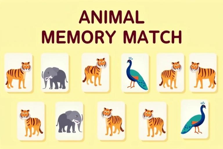 Flat vector illustration of animal memory match game with Indian animals. Features elephants, tigers, peacocks illustrated on cards. Bright and playful design on a pastel yellow background. Title is 'ANIMAL MEMORY MATCH'.