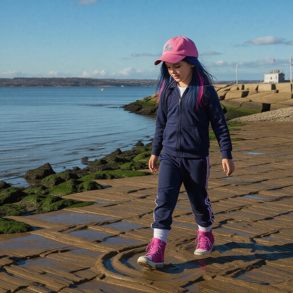 Human girl with navy blue hair and pink purple stripes explores harbor at low tide. She's walking through sticky mud. Her shoes are muddy. The weather is dry and sunny. She's wearing a pink cap, navy tracksuit, muddy pink shoes.