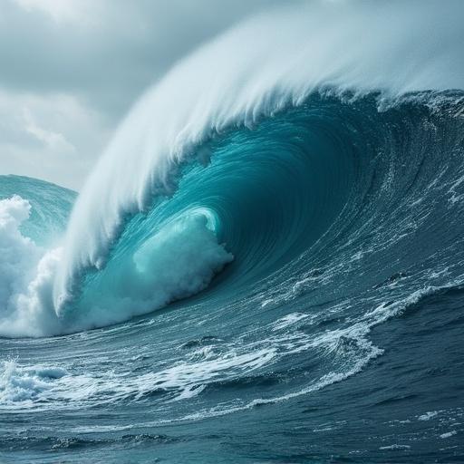 A massive tsunami wave looms over the ocean. The wave curls dramatically creating a crest of white foam. The ocean water is turquoise and the sky is overcast. The image has a dynamic and powerful feel.