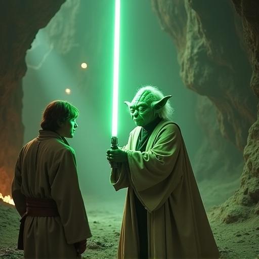 Image of Yoda training Luke Skywalker in a mystical environment. Yoda brandishing a green lightsaber. Luke attentive, facing Yoda. Background depicts a cave setting.