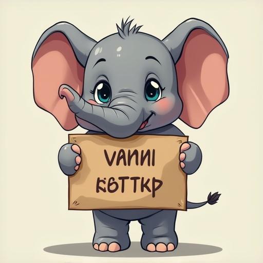 Anime-style elephant character holding a sign. The elephant has big expressive eyes and a joyful expression. It is standing straight and smiling while displaying a sign with text.