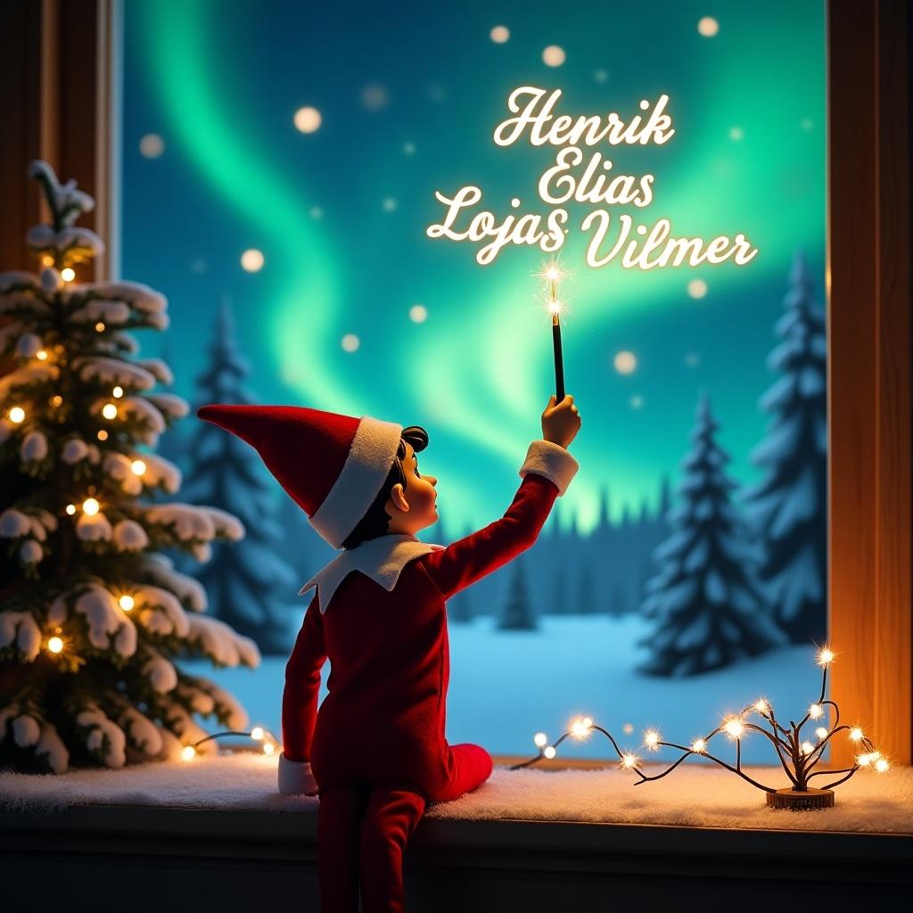 An enchanting Christmas scene featuring an elf on the shelf facing the sky with his back to the viewer. The elf is dressed in a traditional red and white outfit, holding a magic wand. He is writing 'Henrik', 'Elias', and 'Vilmer' in glowing script above him. The backdrop showcases vibrant northern lights, adding a magical ambiance to the setting. The scene is festive, embodying the spirit of Christmas with a whimsical twist. Soft lights from the Christmas tree illuminate the environment, creating a warm and inviting atmosphere.