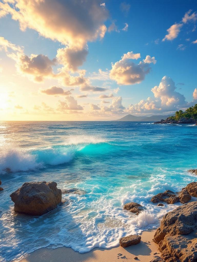 Stunning scene of the Caribbean Sea with crashing waves against rocks. Soft warm sunset lighting creates a picturesque view with fluffy clouds.