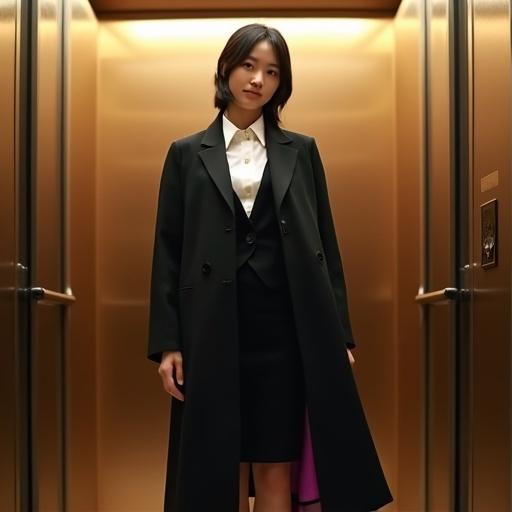 Young woman in a black suit stands inside a modern elevator. Polished black recruit suit with tailored blazer and pencil skirt. Crisp white satin blouse reflecting soft ambient light. Long flowing black trench coat draped over shoulders. Coat reveals glossy light purple satin lining. Smooth high-shine material gleams under overhead lights. Tilted head with confident smirk towards camera. Polished metal elevator walls mirror her silhouette and satin glow. Golden light casts warmth highlighting her outfit.