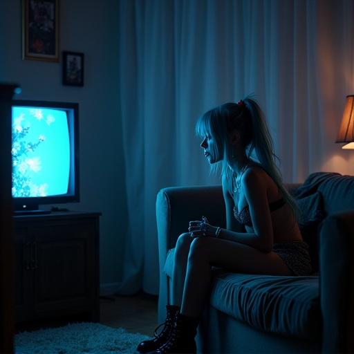 Hatsune Miku depicted as a punk in her thirties sitting on a couch in a dimly lit room showing disillusionment. She stares at a TV generating soft light on her face.