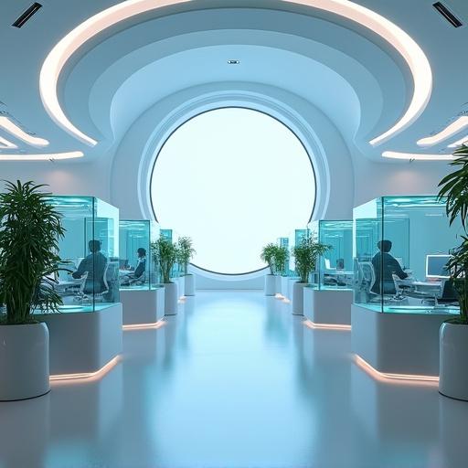Futuristic office interior features a large circular window. Soft blue lighting enhances the atmosphere. Integrated light strips illuminate the ceiling, walls, and floors. The center showcases minimalist desks and transparent holographic screens. Plants are integrated into the furniture. Spectacular emphasis on quantum computing elements and organic shapes. The decor offers a bright, clean vibe with a calm technology feel. Despite no people, the environment fosters a collaborative workspace. Holographic displays and metrics emphasize productivity and teamwork.