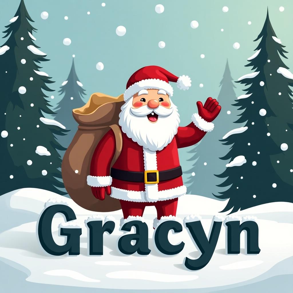 Cheerful Santa Claus stands in a snowy landscape wearing a red suit with a bag. He waves to viewers, expressing holiday joy. The name 'Gracyn' is shown in dark letters on the snow. Tall evergreen trees with snowflakes are in the background. The scene feels festive and inviting for the holiday season.