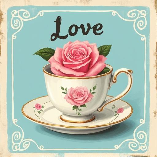 A vintage teacup features a painted pink rose and holds a real pink rose. The background is light blue with a white scroll design. The word 'Love' is displayed above the rose. The artwork resembles a vintage postcard.