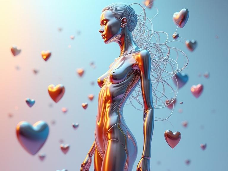 A futuristic female figure made of sleek metal stands confidently. The figure reflects blue, orange, gold, and silver hues. Surrounding the figure are small three-dimensional hearts in various colors. The background features soft pastel gradients. Themes of love and joy are suggested through the heart shapes and color scheme.