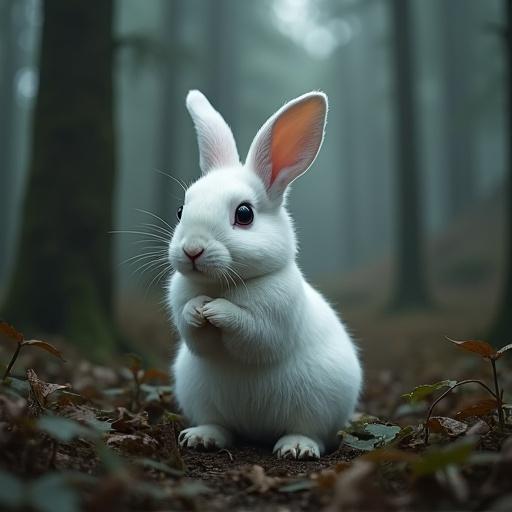 A white rabbit with soot looking confused in a forest setting. Facing right. Ambient forest environment.