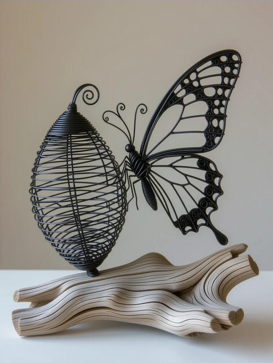 Butterfly emerging from chrysalis made of twisted black iron wire. The chrysalis constructed from coiled loops opening to reveal delicate wing patterns in thin wire filigree. Mounted on a weathered driftwood base. Sculpture represents transformation and nature integration.