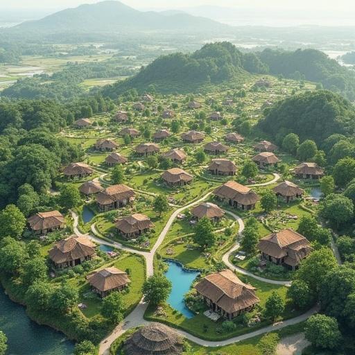 Visualization of village planning on a national scale in Indonesia. An aerial view shows a cluster of eco-friendly houses surrounded by lush greenery and water features. The layout demonstrates sustainable design principles with pathways and gardens connecting the homes.