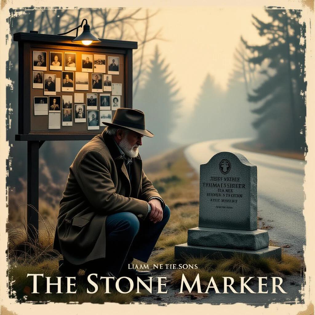 Movie poster for The Stone Marker. Liam Neeson portrays an old detective lost in thought. Polaroids on a board nearby hint at a cold case. A memorial marker stands in front of him. Background filled with a foggy forest road. Lighting adds warmth and nostalgia. Rural sheriff’s office setting creates a reflective tone.