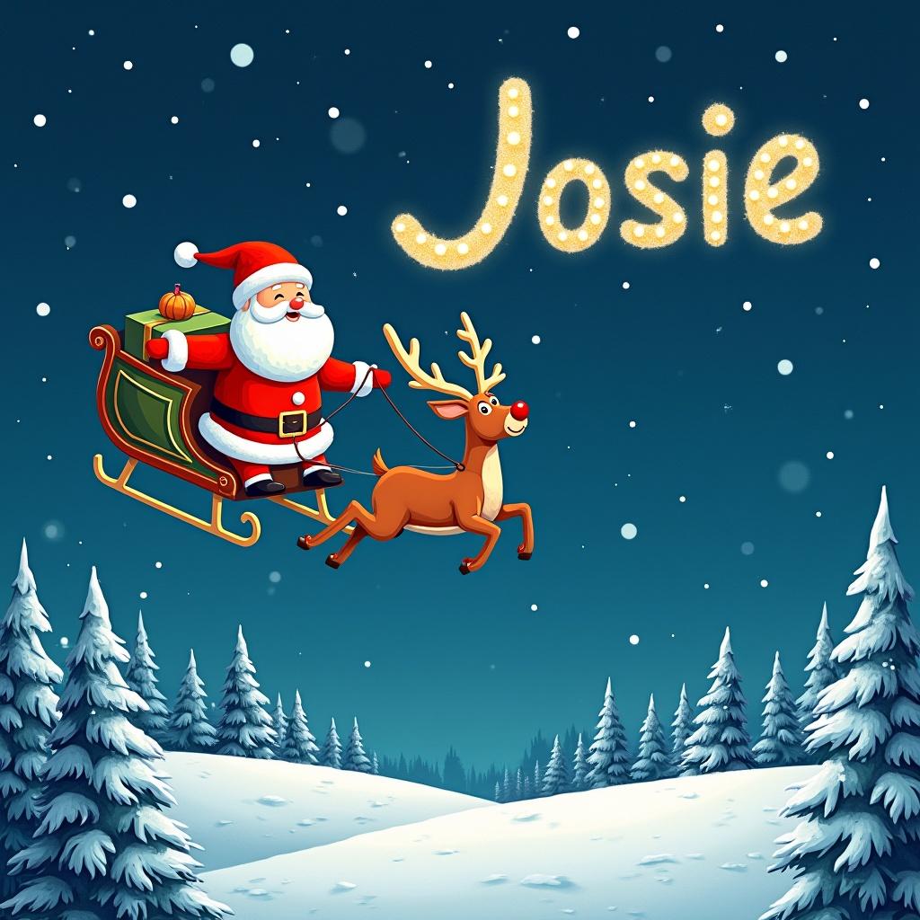 Santa flying with a reindeer at night. Name Josie written in sparkling letters above. Winter scene with snow-covered trees.