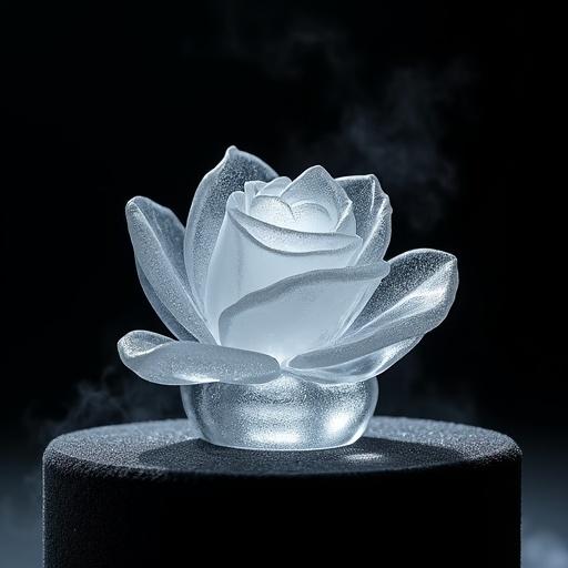 Cinematic close-up shot of a clear ice rose shaped like Chanel camellia. Hermès diamond thread glides through it. Rose divides into two halves. Scene has black velvet pedestal and mist. Light contrasts between dark and light. Sound is pure ASMR.