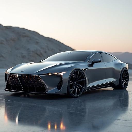 A futuristic luxury electric sedan described. The car features a sleek armored design. It incorporates advanced technologies and materials. The exterior showcases a unique color that changes hue. The car is set against a minimalist background during golden hour lighting.