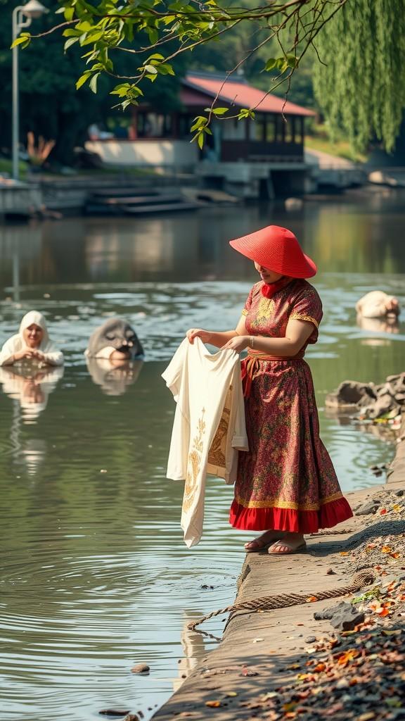 A person in a red dress and hat washes clothes by a calm river, surrounded by a serene landscape.