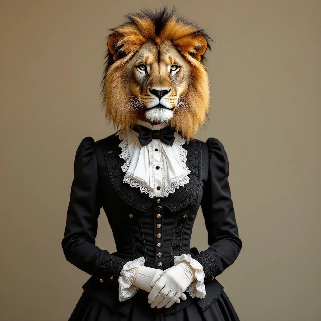 Hybrid between human and lion wearing Victorian clothing. Elegant black Victorian dress with lace. Lion head is majestic with a full mane. Dress has buttons and fitted bodice. Background is soft beige. Hands are gloved, pose is formal.