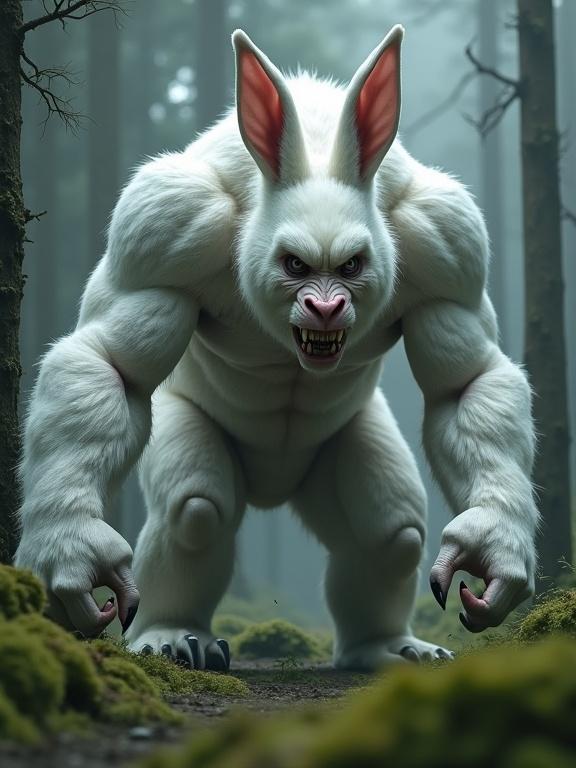 A hybrid creature combining features of a rabbit and a gorilla. Massive, muscular body covered in white fur. Elongated rabbit ears. Intense facial expression with bared teeth. Hyper-defined musculature and sharp claws. Deep in a mossy forest glade, ready to pounce. High detail and realism.