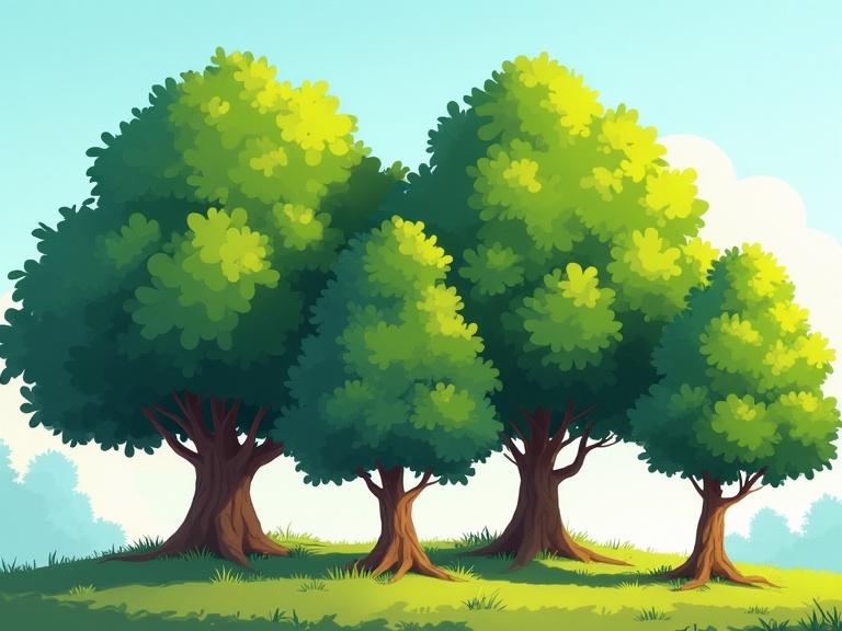 Group of lush leafy trees cartoon-style 16:9 aspect ratio with thick green canopies varying tree trunks and shapes vibrant colors soft shadows on the ground peaceful setting stylized 2D animation or Pixar-like rendering no people or animals bright daylight.