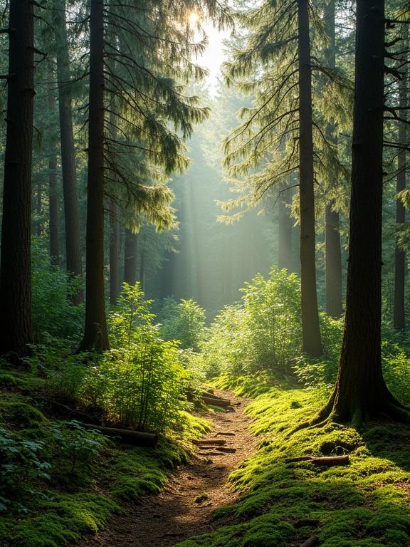 Photograph of a dense forest. Tall pine trees stand tall. Sunlight filters through the canopy. Bright green underbrush covers the ground. Sunbeams create dappled light on the forest floor. Shadows cast by trees enhance the scene. Moss-covered ground adds texture. Fallen branches are scattered. Atmosphere is serene and peaceful. Natural light illuminates the space. Soft and warm lighting enhances the experience. Composition is vertical. Rich green hues dominate the visual. Scene is tranquil and calming. It's a nature photograph showcasing the beauty of a forest. Depth is visible among the trees. Vertical lines of tree trunks guide the eye. The setting is lush and verdant. Sunlight creates patterns on the forest floor. The texture of the forest floor is rich. The area feels peaceful and quiet. Overall, it represents natural beauty in an outdoor scene. The forest ecosystem thrives with sunlight and shadows.