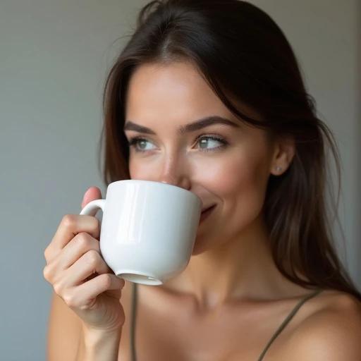 Attractive brunette woman holds white cylindrical mug. She drinks using her right hand. The setting illustrates relaxation and enjoyment in daily life.