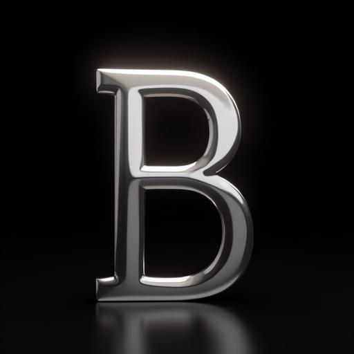 A chrome letter B stands on a black background. The design has no serifs. The letter is highlighted with focused spotlights. Elegant shimmer effect is visible.