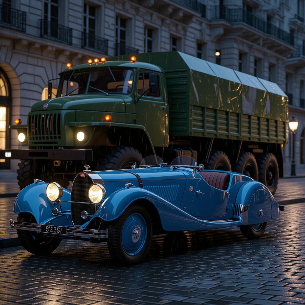 Night scene in Waterloo 2025. Cobblestones are wet from rain. A 1924 Bugatti Type 35 in French Racing Blue is parked on the curb. The Bugatti's headlights are off and its engine is cold. Behind it, a 1951 Soviet military truck is stopped. The truck has massive wheels and is rusty with peeling green paint. Its headlights are on, casting beams that illuminate the Bugatti's rear. The scene is shot from a Dutch angle, emphasizing the scale difference between the vehicles. The truck's headlights are the main light source, creating reflections and long shadows.