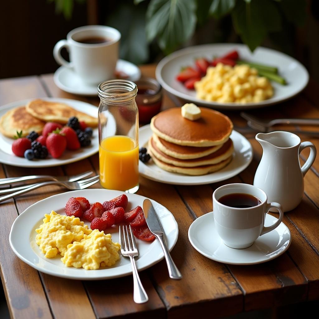 A vibrant breakfast spread on a wooden table includes pancakes with syrup eggs fresh fruits and coffee. Many plates are filled with variety. The scene is warm and inviting with natural lighting.