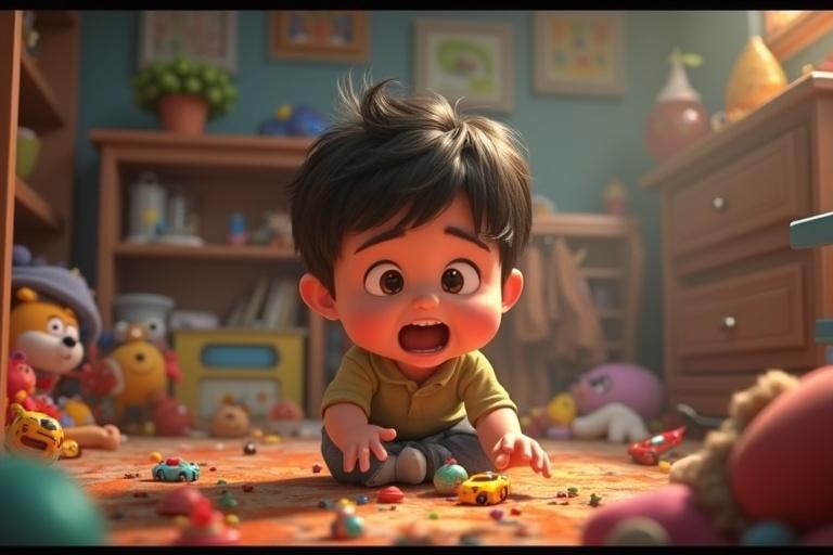 A 5-year-old boy is playing on the floor in a messy bedroom. Various toys are scattered around him. He is lifting some toys looking for something. The room is colorful and cluttered with children's items. There are signs of playfulness in the atmosphere.