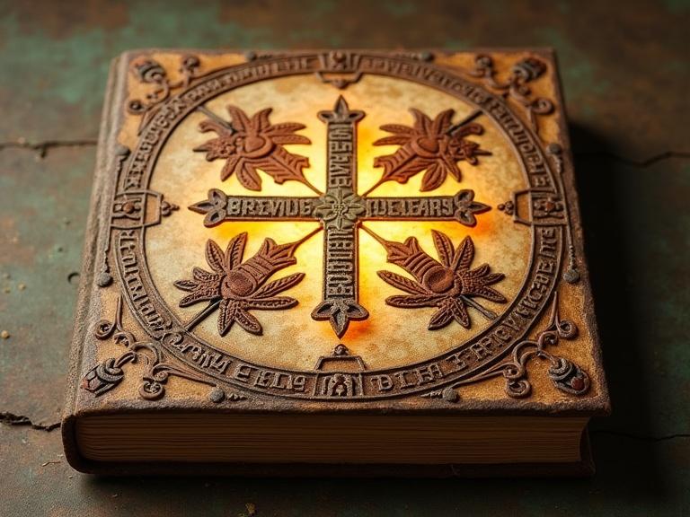 Design of a Toltec-style book cover with earthy colors. Leaf motifs in four quadrants surround a glowing cross. Ancient script details add mysticism. Overall serene spiritual atmosphere.
