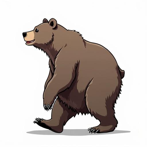 Cartoon bear in side view walking. Bear is full-bodied and appears friendly. Bear is drawn with cartoonish features and a simple background for easy use.