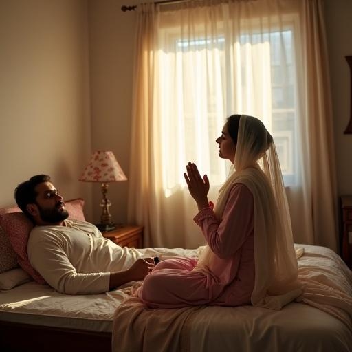 In a clean Pakistani bedroom a woman in shalwar kameez with dupatta sits on bed. She raises hands in dua filled with sorrow and hope praying for a child. Husband nearby relaxes using phone emotionally distant yet supportive. Room is well-lit highlighting cultural decor wooden furniture peaceful atmosphere.