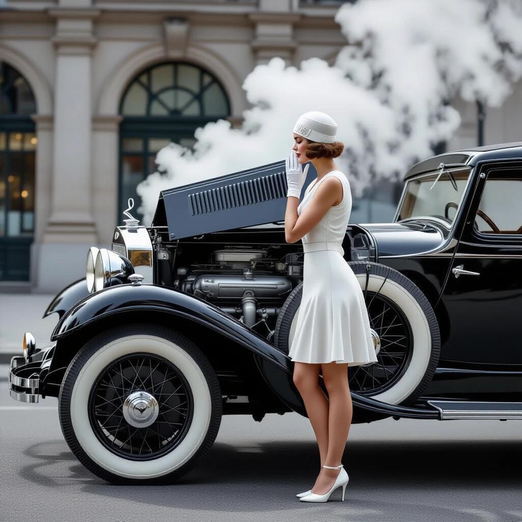 Art Deco socialite in a white cloche hat and dress stands beside 1928 Mercedes-Benz 18/100 PS Sportwagen. Leans over left-side fender with palms pressed to cheeks. Head tilted down, eyes locked on engine enveloped in dense steam. Background features misty mountains. Car has fully opened hood sections revealing a straight-six engine. Scene captures a moment of comedic despair.