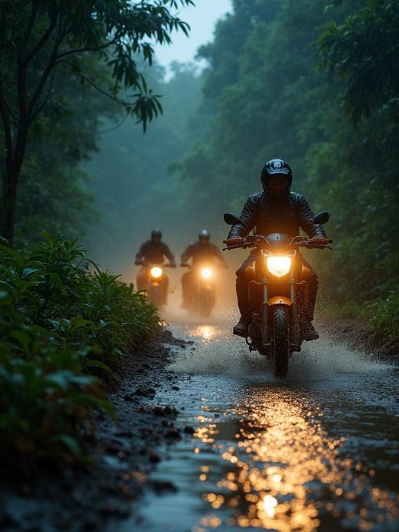 Motorcyclists riding through a rainy jungle trail at dusk. Headlights reflect on muddy water. Dense foliage surrounds them. Rain creates a misty atmosphere.