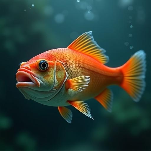 A goldfish with a macaroni in its mouth. The fish has a vibrant orange body with yellow accents. The underwater background is blurred and features soft light. Bubbles float around the fish.