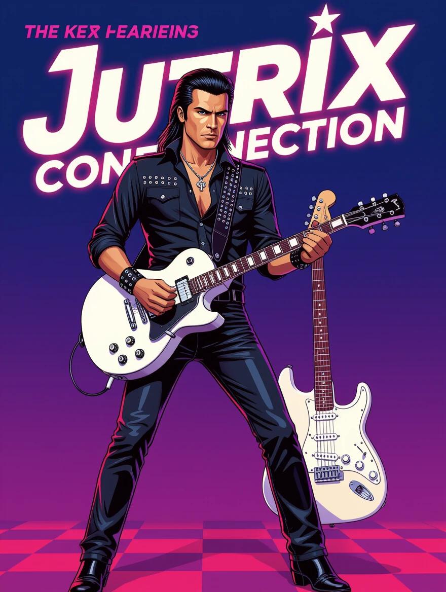 80s Action movie poster depicting a hero with average long slicked back hair wearing a black shirt with rivets. Full body view with a white electric guitar. Retro style with vivid colors and HDR effects. 3D appearance. Standing stance.
