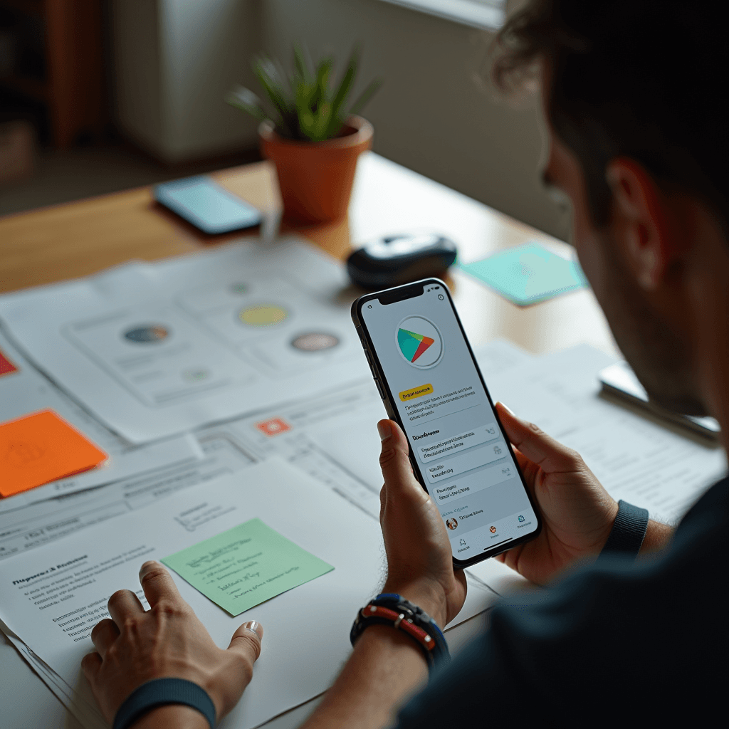 A person holds a smartphone showing a productivity app, surrounded by papers and notes on a desk with a potted plant nearby.