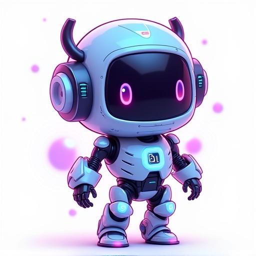 Chibi cyber mascot is an adorable robot. MimicPC logo is on the chest. Robot is hovering slightly above the ground. Neon accents provide a vibrant look. Blue and purple colors dominate the palette. Image features tech details and a soft glow. Background is white for clarity.