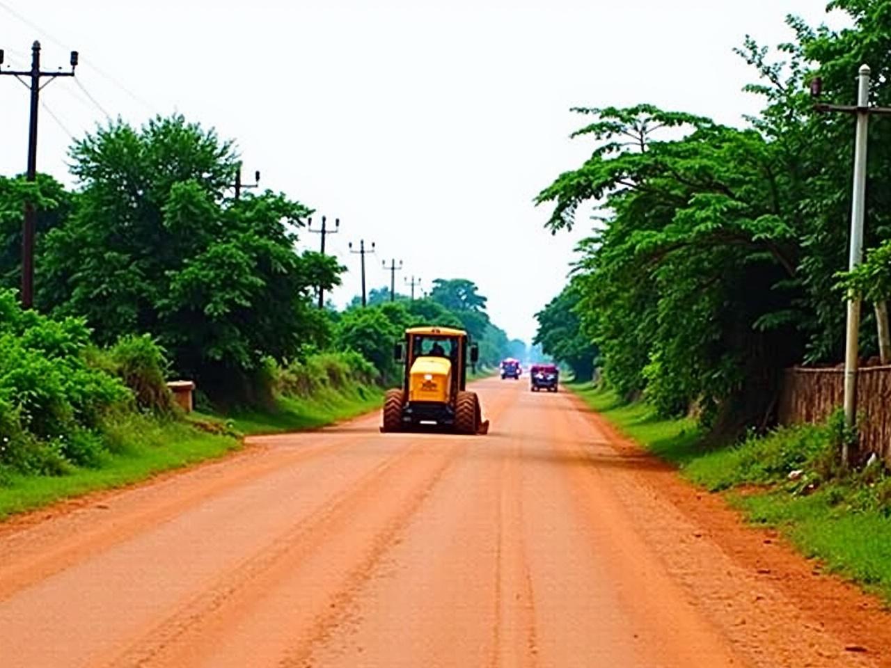 The image shows a dirt road flanked by greenery on both sides. In the center, a yellow grader is working on the road, smoothing out the surface. The environment appears rural, with limited traffic, as only a couple of vehicles can be seen in the distance. The sky is overcast, suggesting the possibility of rain. The ground is reddish-brown, typical of dirt roads in many regions. Power lines can be seen along the roadside, indicating the presence of electricity. Overall, the scene captures a quiet day of road maintenance.