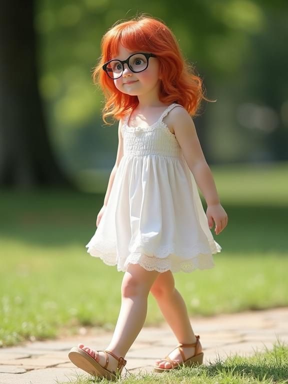 A girl with red wavy hair wears a white summer dress. She has glasses and freckles. The girl is walking outdoors in a park on a sunny day. The view shows her from the side. She is smiling and displaying a playful demeanor.