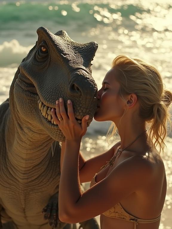 Close up of a beautiful blonde young woman on the beach beside a giant dinosaur. Woman kisses dinosaur's snout. Skin glistening, loincloth tattered. Sunlight casts golden light. Ocean roars softly in background. Vivid shadows and colors.
