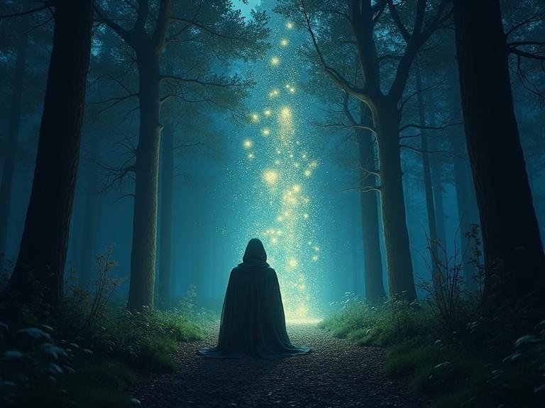 Enoch knelt in a quiet forest at night. Surrounded by glowing, ethereal presence. Vibrating air waves are visible. Realistic style with mystical blue and gold tones. Image has a 9:16 aspect ratio.