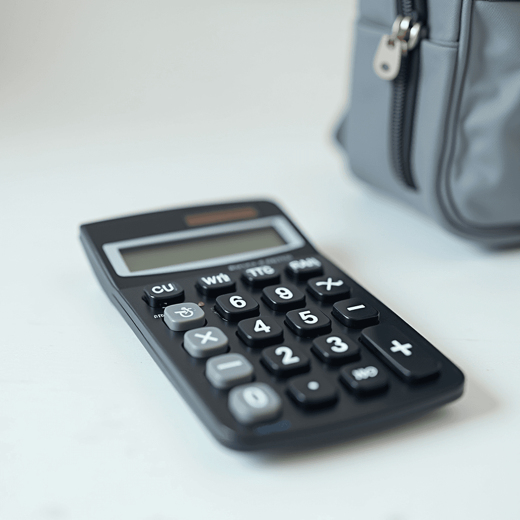 The image features a black calculator placed on a smooth, white surface. The calculator has multiple buttons with numbers and mathematical symbols, such as addition and subtraction. Its LED display screen is visible but not actively displaying any numbers. To the right, there is a portion of a gray fabric bag with a visible zipper. The focus is primarily on the calculator, with the bag adding an element of context in the background.