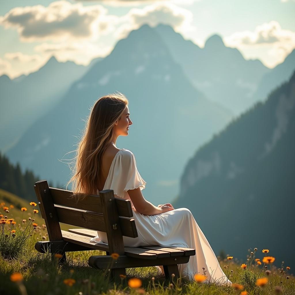 A serene mountain scene unfolds. A woman sits on a rustic wooden bench. She faces towering peaks in white clouds. A vibrant blue and gold sky stretches above. Her long hair cascades down her back. She wears a flowing white dress. The woman’s face shows a radiant smile. The bench is amidst green grass and colorful wildflowers. The camera angle is cinematic, framing her against majestic mountains.