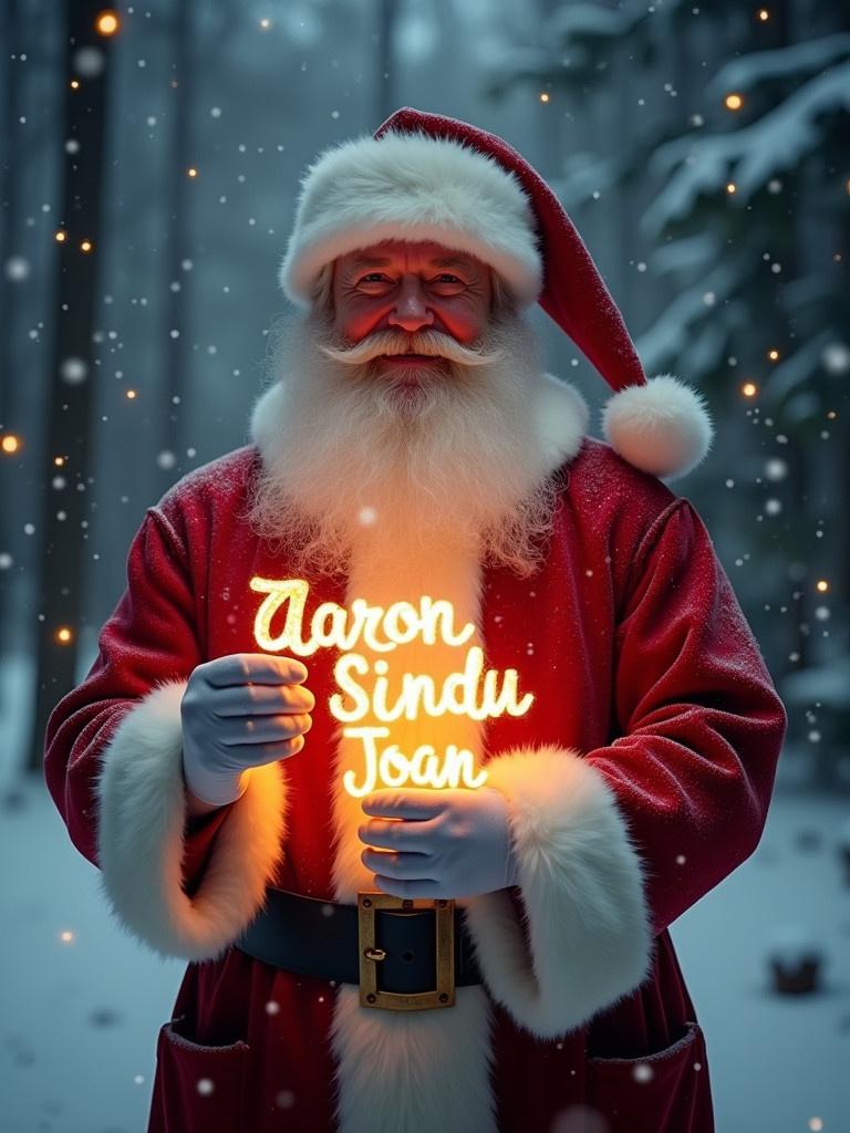 A magical Christmas scene features Santa Claus in a classic red suit with fluffy white trim. He stands in a snowy forest illuminated by soft glow. In his hand, he holds a glow stick spelling out names in sparkling letters. Light snowflakes fall gently around.