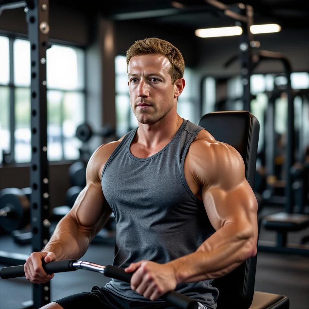 A muscular individual performs a preacher curl exercise in a modern gym. The person wears a tight gym tank top, showing defined arms with visible veins. The gym background features workout equipment, and intense lighting highlights the muscle definition and sweat on the skin. The overall atmosphere conveys focus and dedication to fitness.
