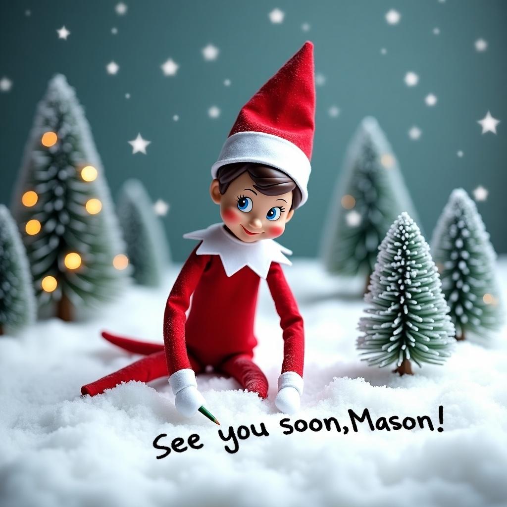 Elf on the Shelf is sitting in a snowy landscape writing in the snow. Text says 'See you soon, Mason!'. Elf has rosy cheeks, brown hair, and blue eyes. Background has small evergreen trees with snow and twinkling lights. Snowflakes are falling. Elf is dressed in red and white.