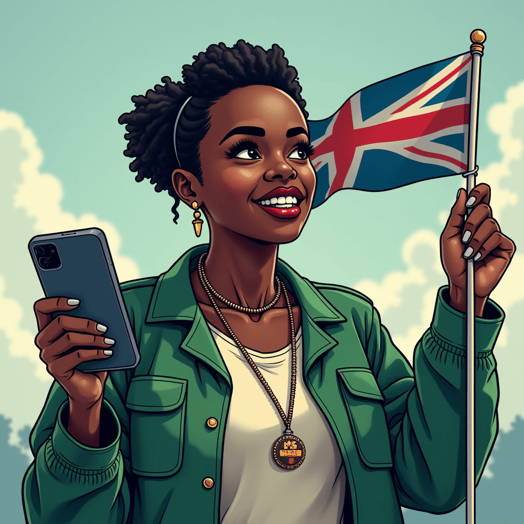 A smiling woman holds the British flag and a phone, wearing a blue jacket and a gold medallion in a vibrant, sunny setting.